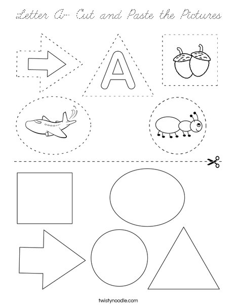 Letter A- Cut and Paste the Pictures Coloring Page