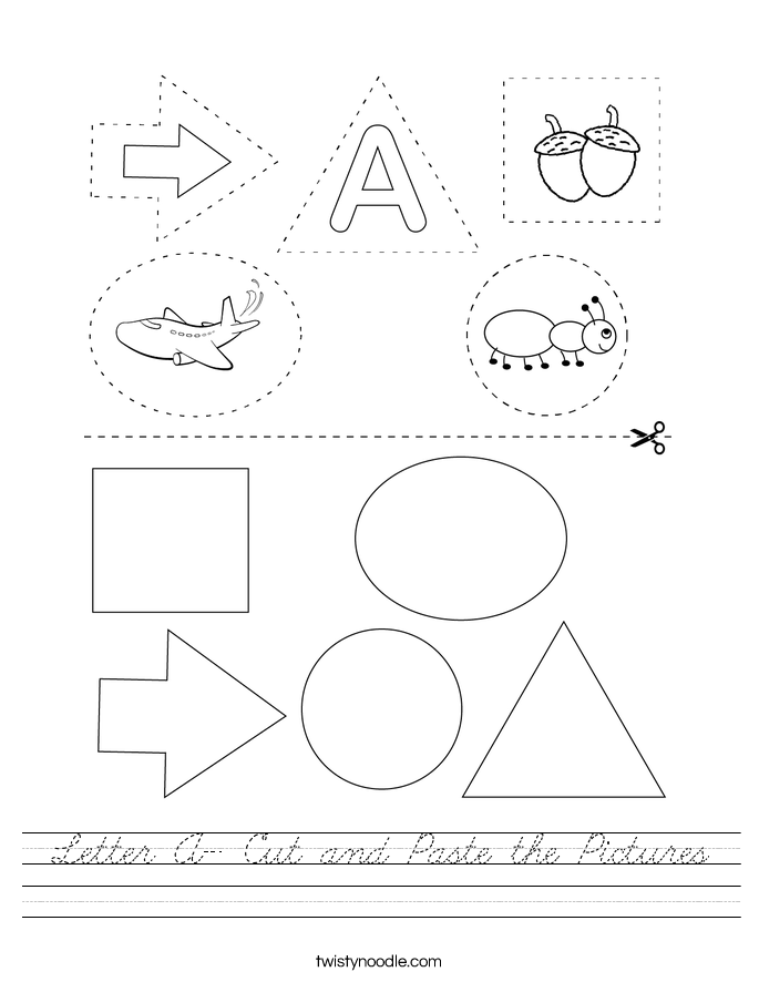 Letter A- Cut and Paste the Pictures Worksheet