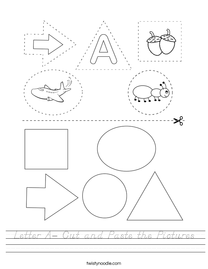 Letter A- Cut and Paste the Pictures Worksheet