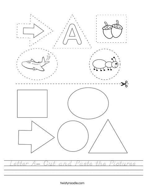 Letter A- Cut and Paste the Pictures Worksheet