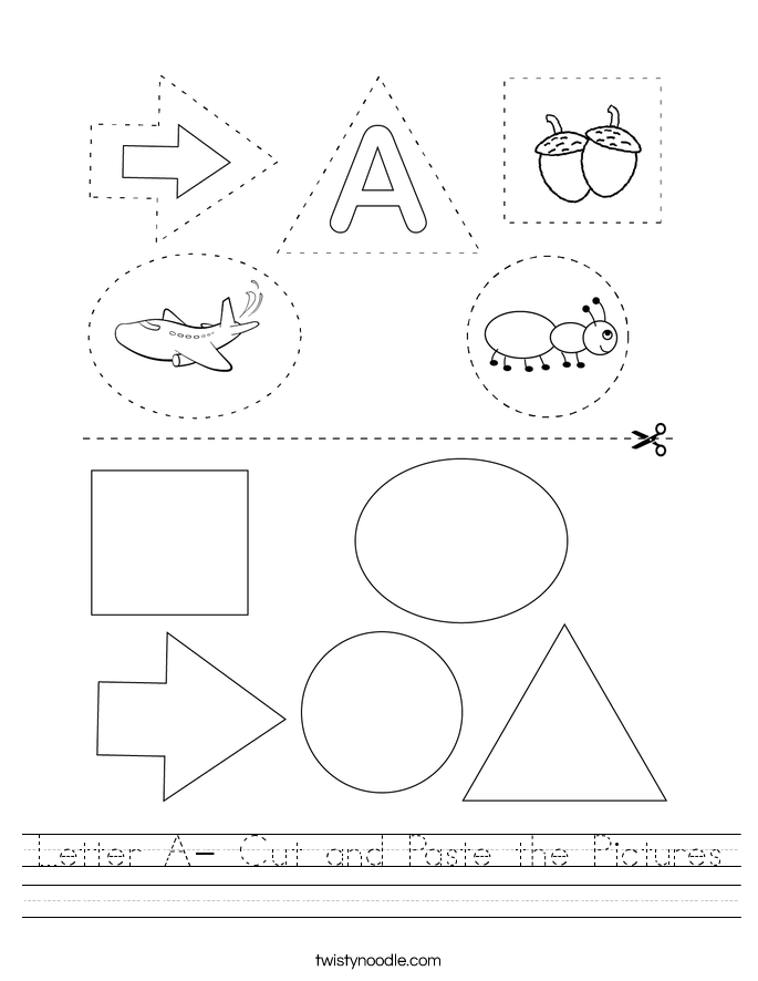 Letter A- Cut and Paste the Pictures Worksheet