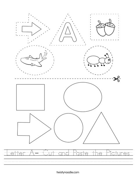 Letter A- Cut and Paste the Pictures Worksheet