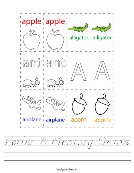 Letter A Memory Game Worksheet
