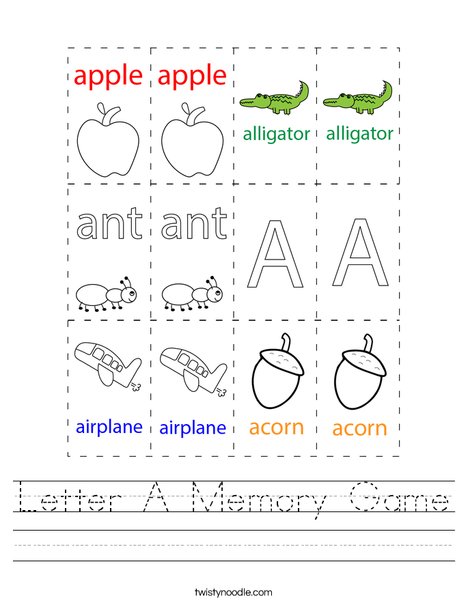 Letter A Memory Game Worksheet