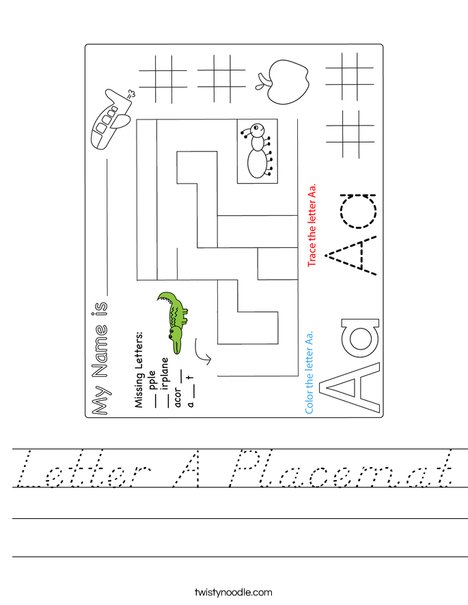 Letter A Placemat Worksheet