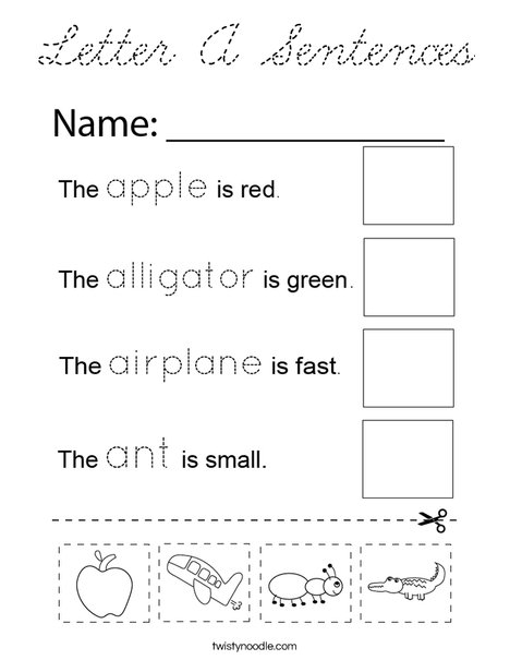 Letter A Sentences Coloring Page
