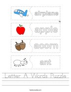 Letter A Words Puzzle Handwriting Sheet