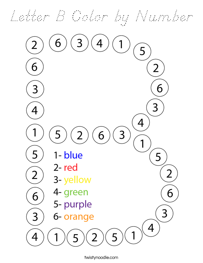 Letter B Color by Number Coloring Page - D'Nealian - Twisty Noodle