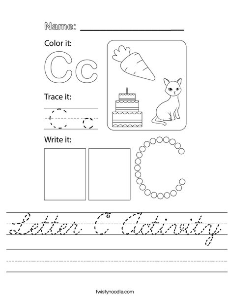 Letter C Activity Worksheet - Cursive - Twisty Noodle