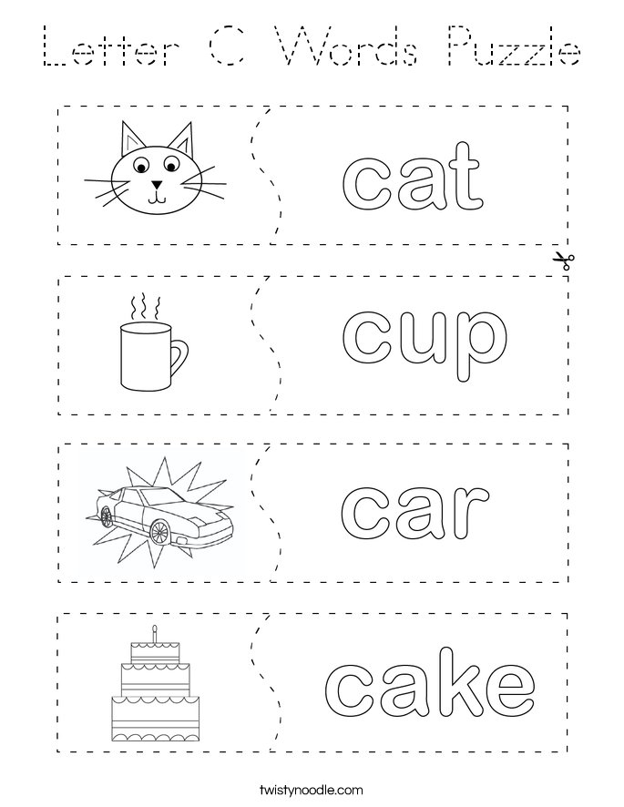 Letter c words puzzle coloring page tracing twisty noodle