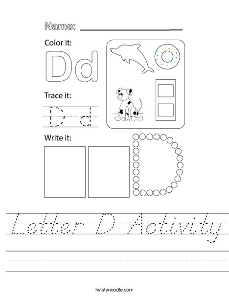 Letter D Activity Worksheet - D'Nealian - Twisty Noodle