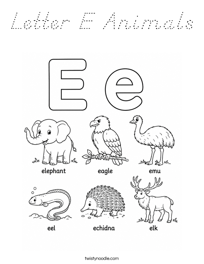 Letter E Animals Coloring Page