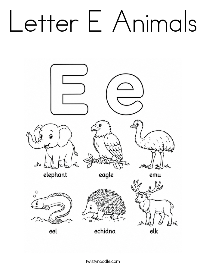 Letter E Animals Coloring Page