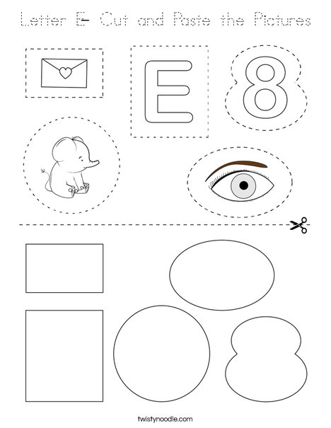 Letter E- Cut and Paste the Pictures Coloring Page