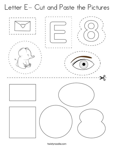 Letter E- Cut and Paste the Pictures Coloring Page