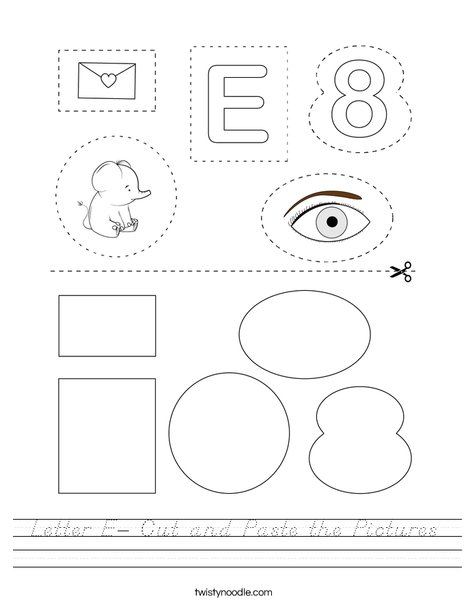 Letter E- Cut and Paste the Pictures Worksheet