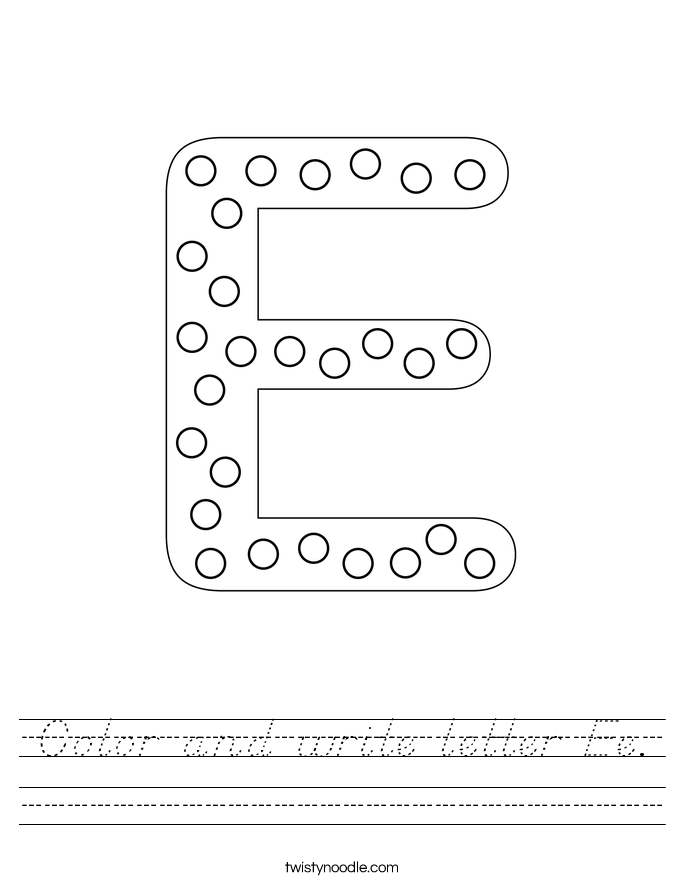 Color and write letter Ee. Worksheet