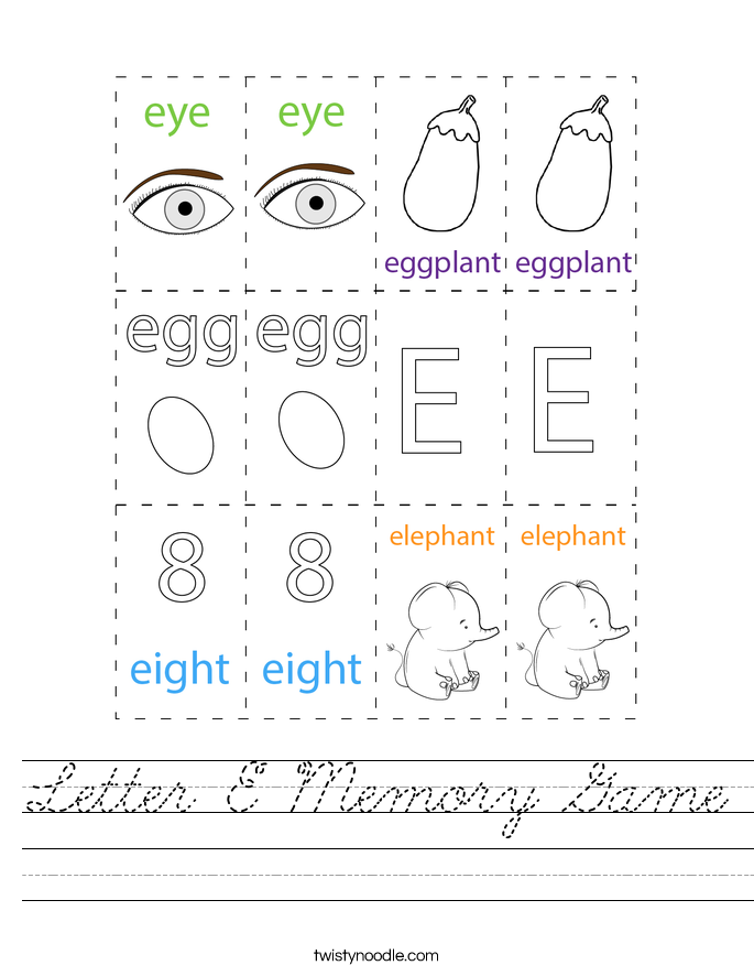 Letter E Memory Game Worksheet