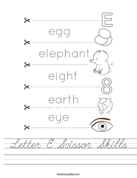 Letter E Scissor Skills Worksheet