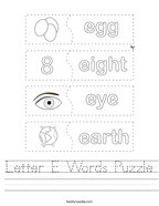 Letter E Words Puzzle Handwriting Sheet