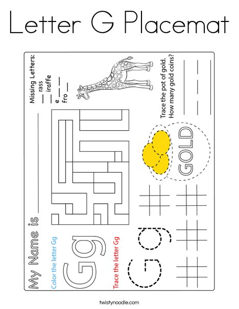 Letter G Placemat Coloring Page