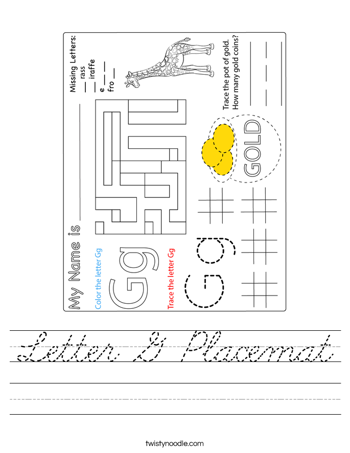Letter G Placemat Worksheet