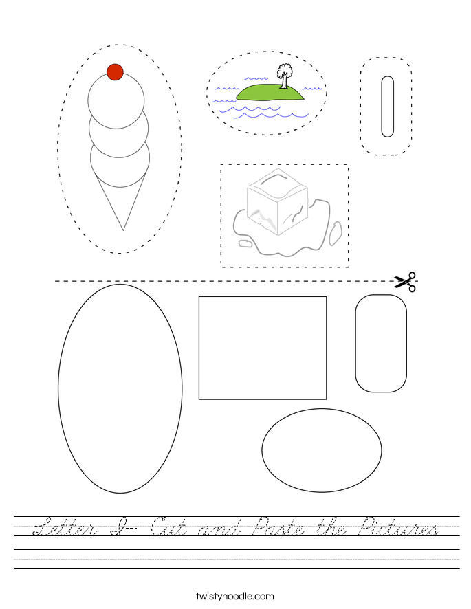 Letter I- Cut and Paste the Pictures Worksheet - Cursive - Twisty Noodle