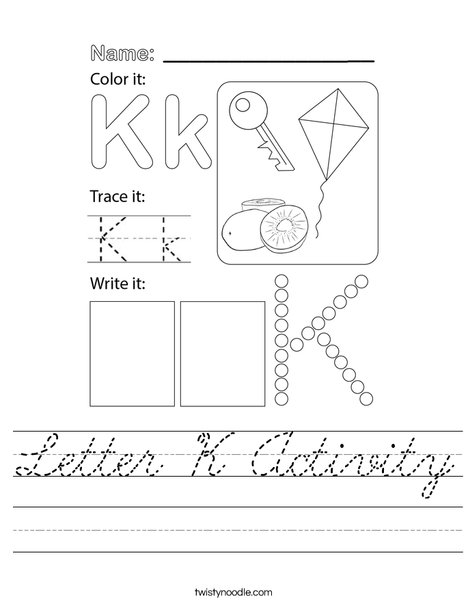 Letter K Activity Worksheet - Cursive - Twisty Noodle