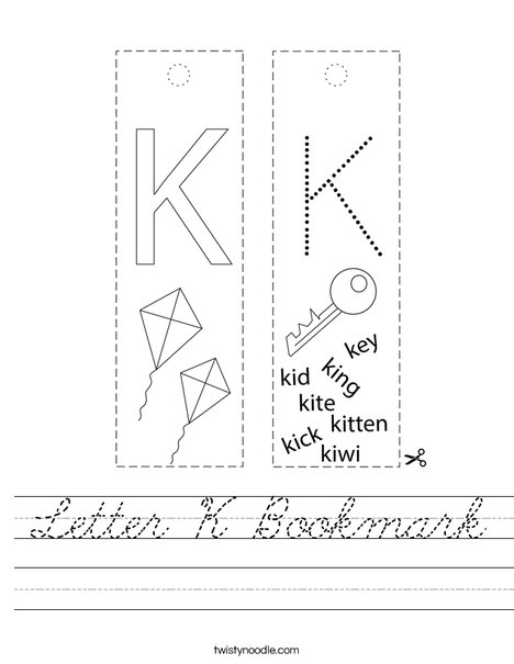 letter k bookmark worksheet cursive twisty noodle