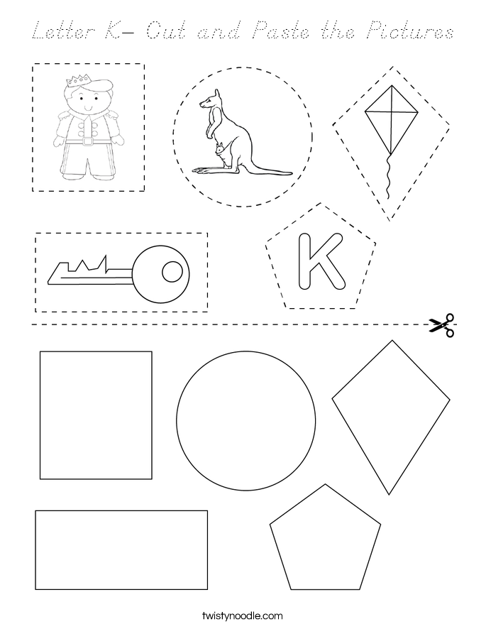 Letter K- Cut and Paste the Pictures Coloring Page