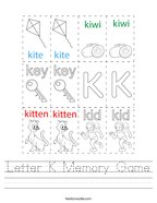 Letter K Memory Game Handwriting Sheet