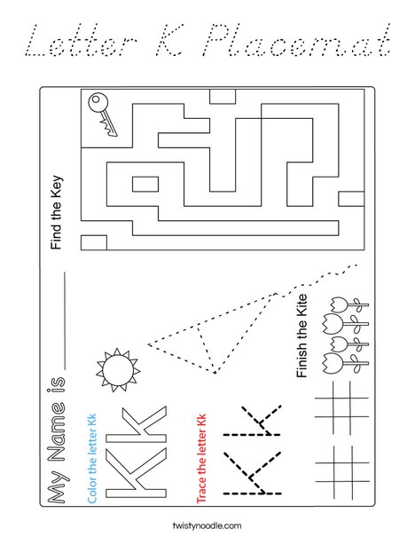 Letter K Placemat Coloring Page