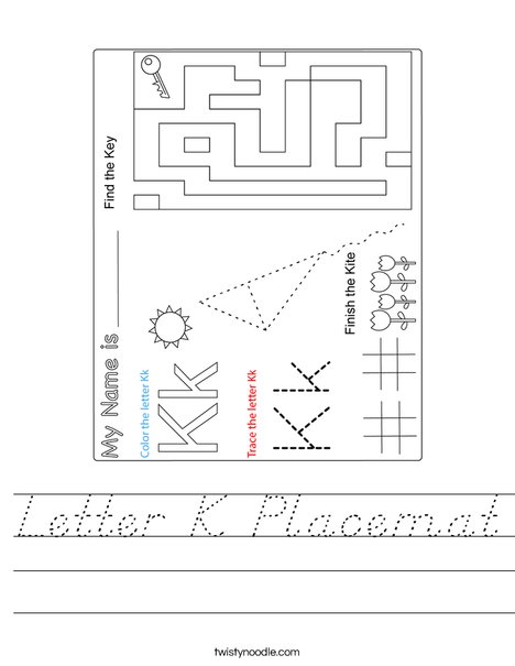 Letter K Placemat Worksheet