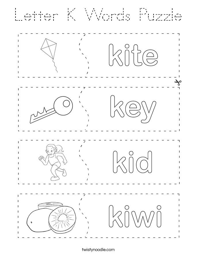 Letter K Words Puzzle Coloring Page