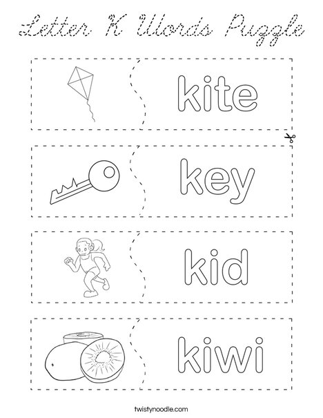 Letter K Words Puzzle Coloring Page