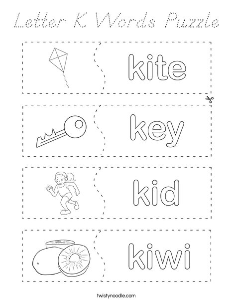 Letter K Words Puzzle Coloring Page