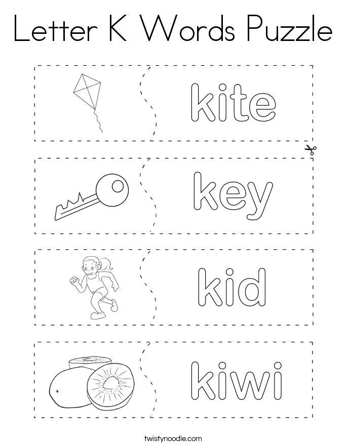 Letter K Words Puzzle Coloring Page