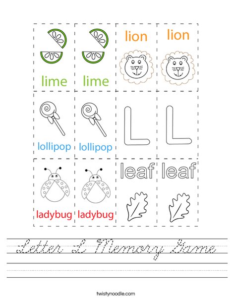 Letter L Memory Game Worksheet