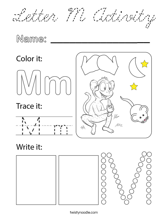 Letter M Activity Coloring Page - Cursive - Twisty Noodle