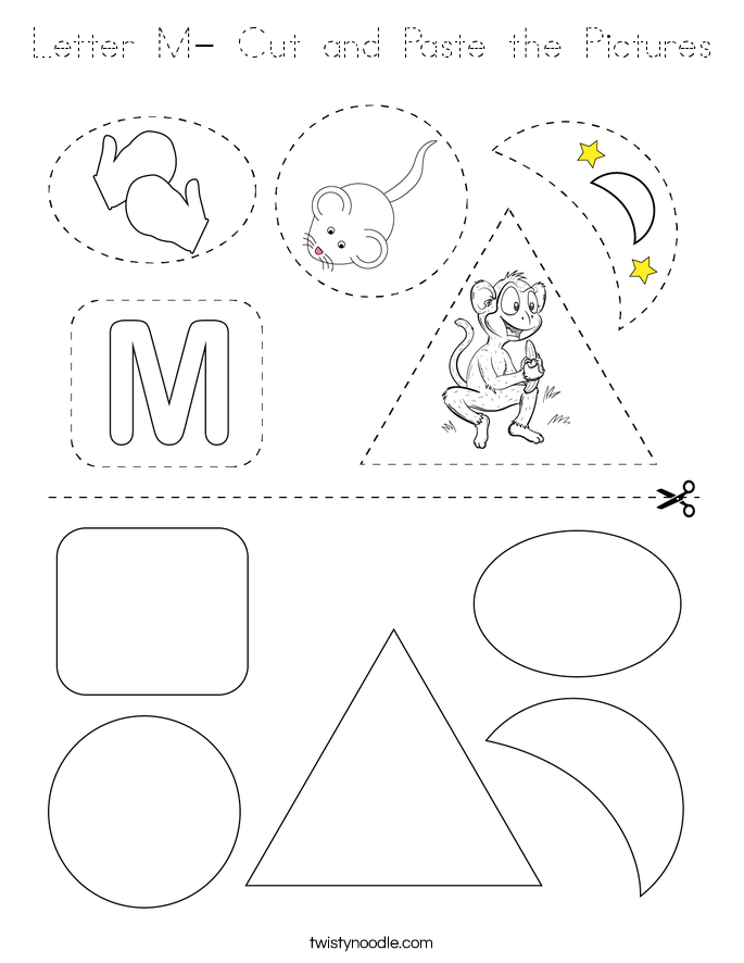 Letter M- Cut and Paste the Pictures Coloring Page