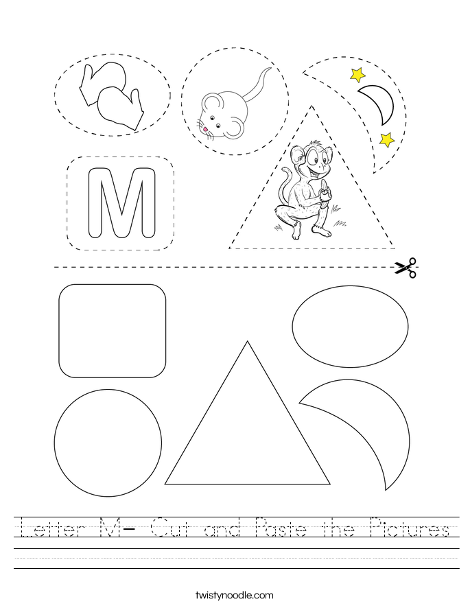 Letter M- Cut and Paste the Pictures Worksheet