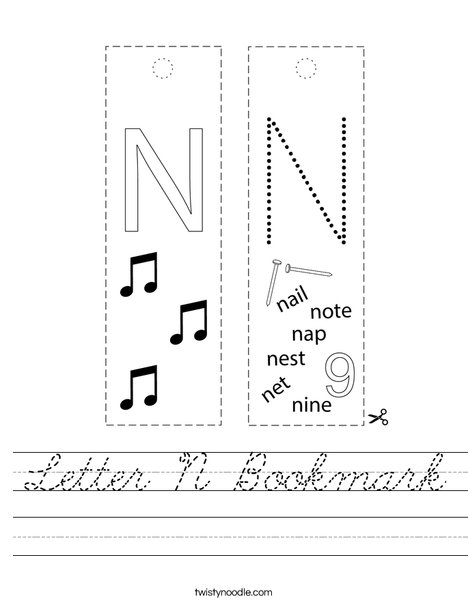 letter n bookmark worksheet cursive twisty noodle