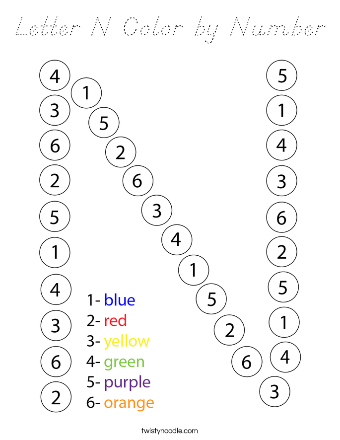 Letter N Color by Number Coloring Page