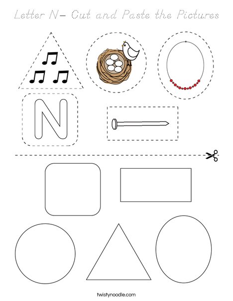 Letter N- Cut and Paste the Pictures Coloring Page
