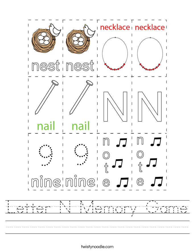Letter N Memory Game Worksheet
