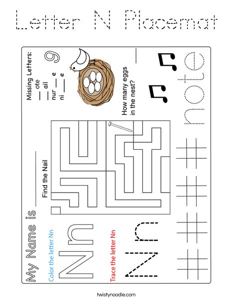 Letter N Placemat Coloring Page