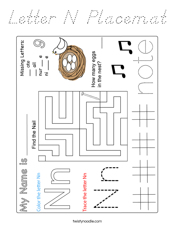 Letter N Placemat Coloring Page