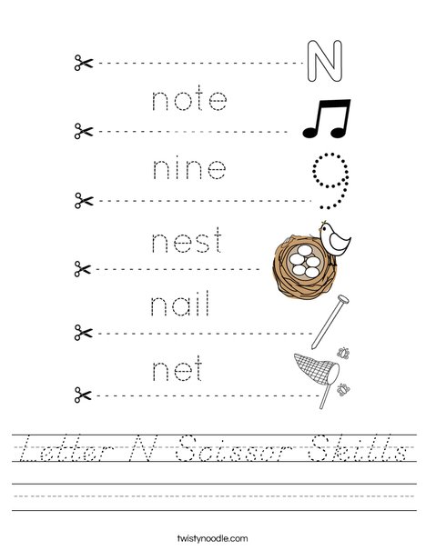 Letter N Scissor Skills Worksheet - D'Nealian - Twisty Noodle