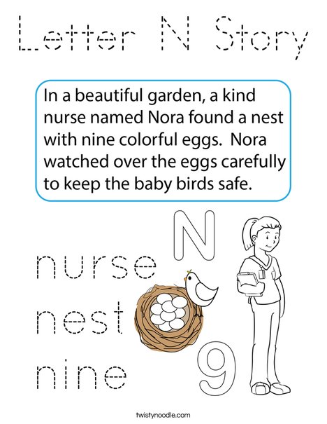 Letter N Story Coloring Page