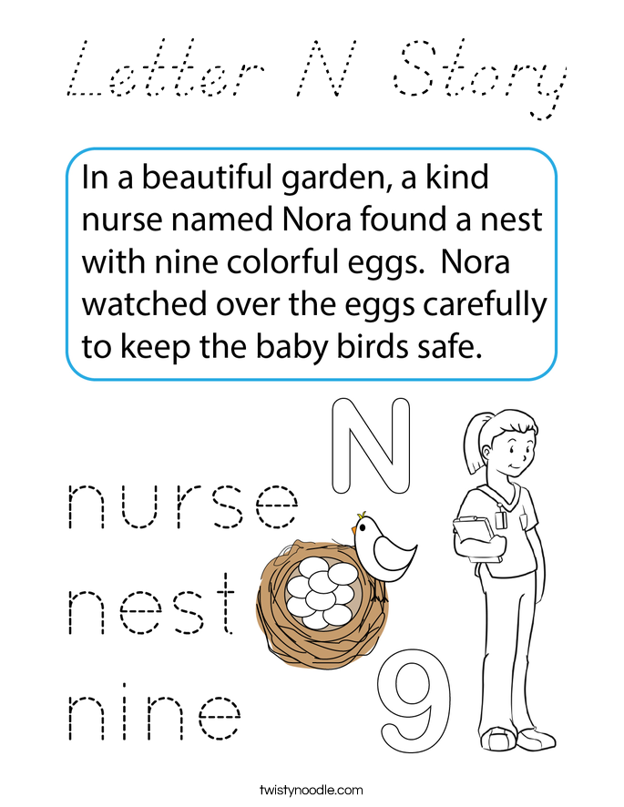 Letter N Story Coloring Page